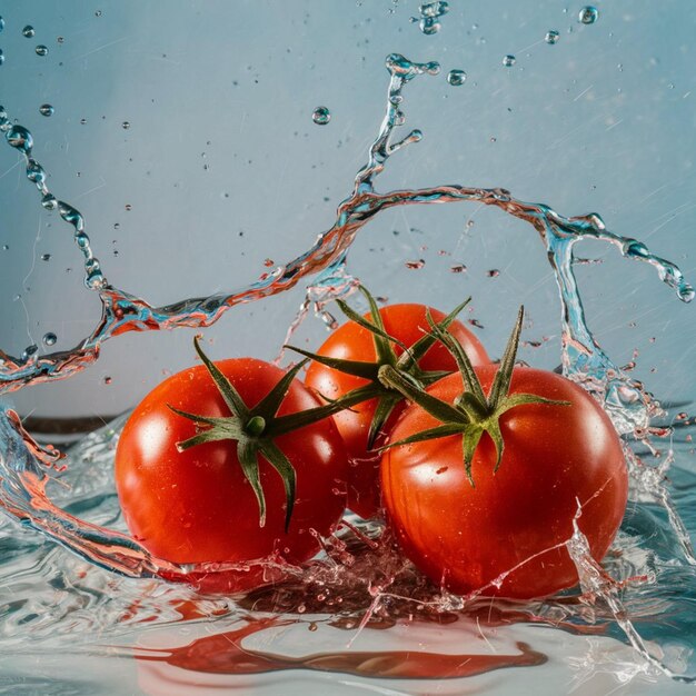 Фото Два помидора брызгают водой, а один падает в воду.