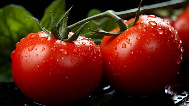 Two tomatoes on a black plate with water drops on them