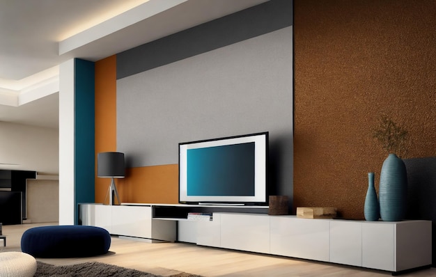 Двухцветный фон стены, современный декор гостиной с тумбой под телевизор