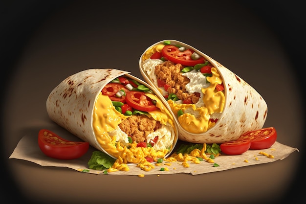 Two tortilla wrapped breakfast burritos with scrambled eggs sausage and tomatoes