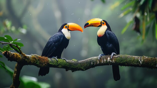 Two toucan tropical bird sitting on a tree branch Ai generative