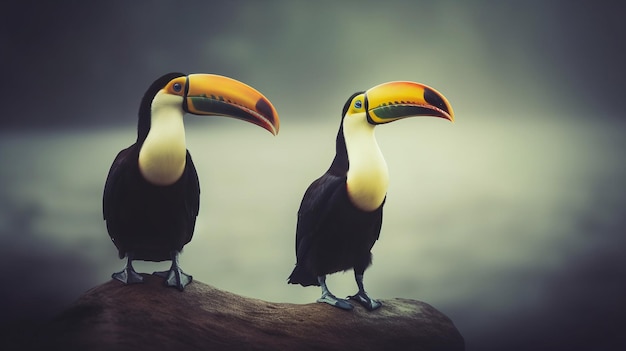 Two toucans on a branch with a grey background