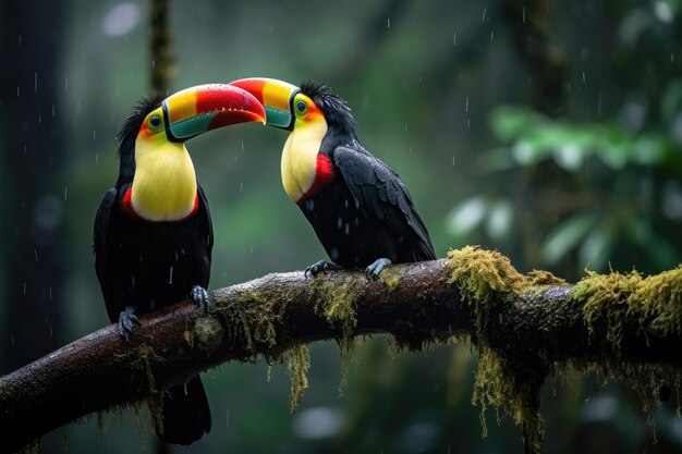 열대 우림의 가지에 앉아있는 두 개의 투칸 열대 조류 투칸은 자연 야생 동물 환경에서 나무 가지에 섰습니다.