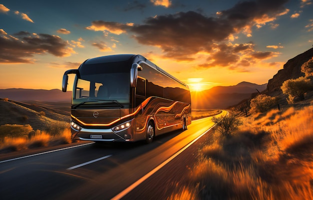 two tour buses on a road in the country during sunset