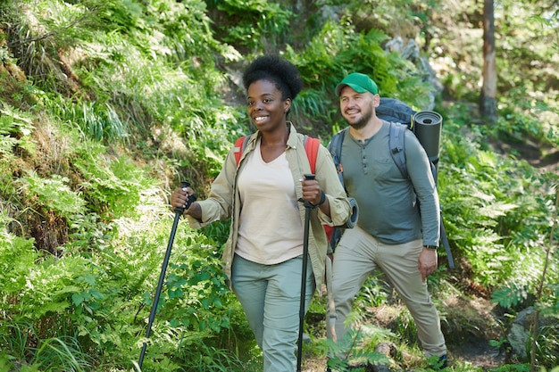 Two tourists enjoying the wild nature they go hiking in the forest