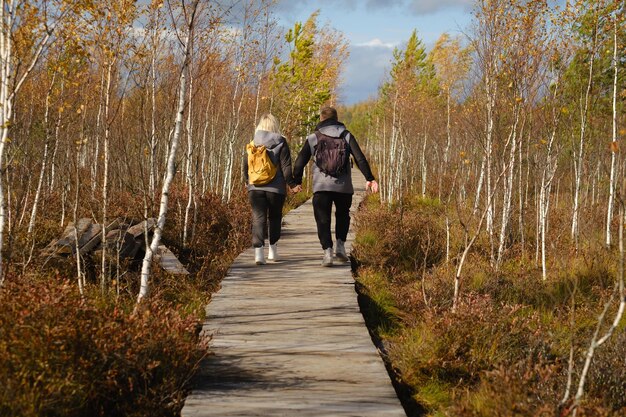 Photo two tourists walk along a wooden path in a swamp in yelnya belarus