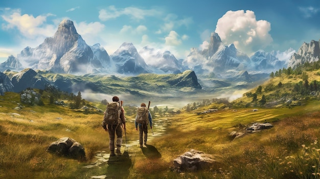 Two tourists with backpacks are walking towards the mountains in the wilderness World Tourism Day Generation AI