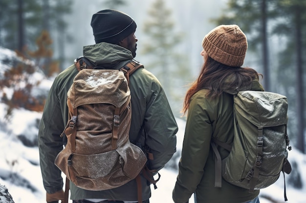 Two tourists with their backs to the camera with backpacks on a hike in the winter forest