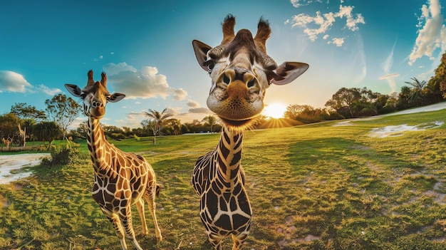 Два высоких жирафа изящно стоят на пышном зеленом поле и грациозно и уравновешенно осматривают окружающую среду