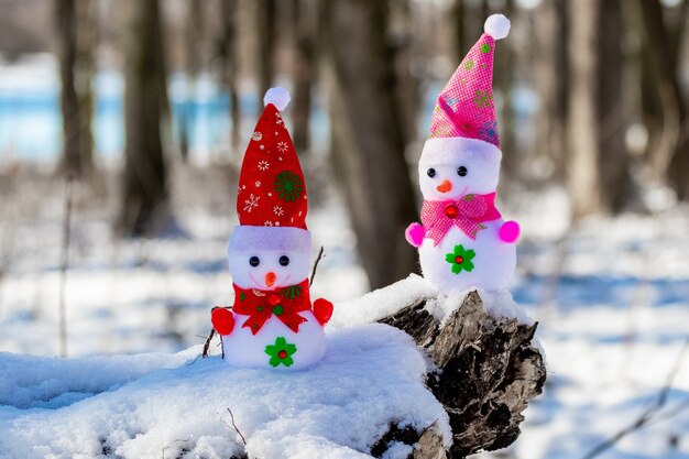 晴れた日の森の中の 2 つのおもちゃの雪だるま