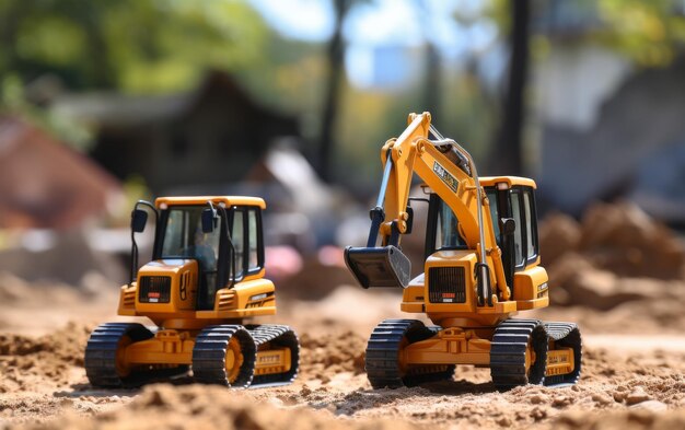 Two toy tractors resting on a rugged dirt field waiting for their next adventure