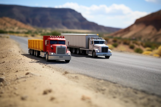 Photo two toy trucks merging on a miniature road