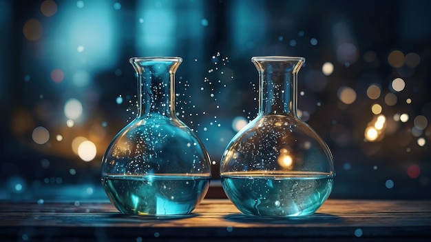 Two transparent chemical laboratory glassware with fantasy background