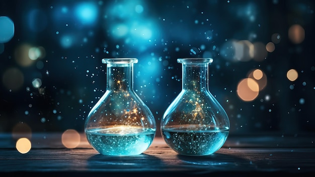 ファンタジーの背景を持つ 2 つの透明な化学実験用ガラス器具