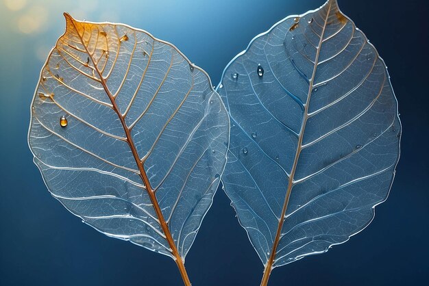 Two transparent skeleton leaves macro on wet surface on blue background in nature with beautiful light