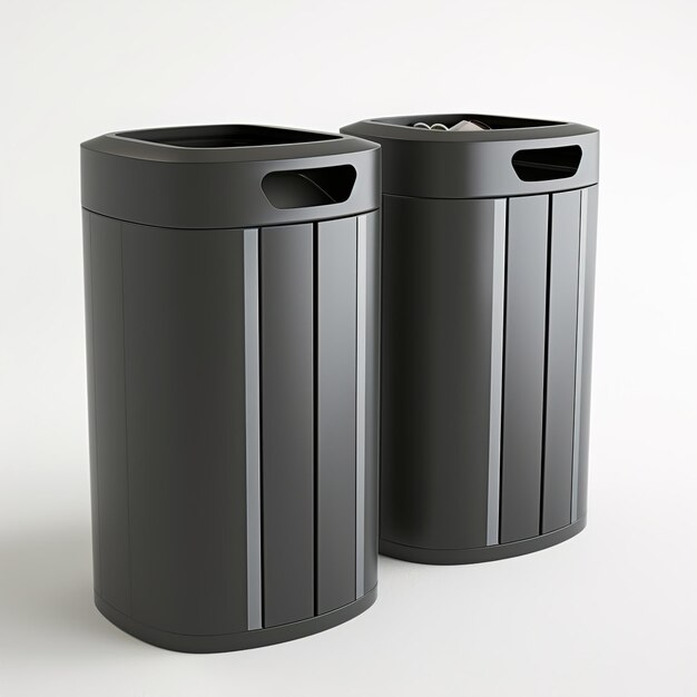 two trash cans one with the label on the side