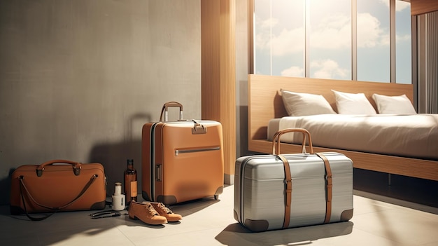 현대적인 미니멀리즘 호텔 방에서 두 개의 여행 가방 우아하고 끔한 스타일