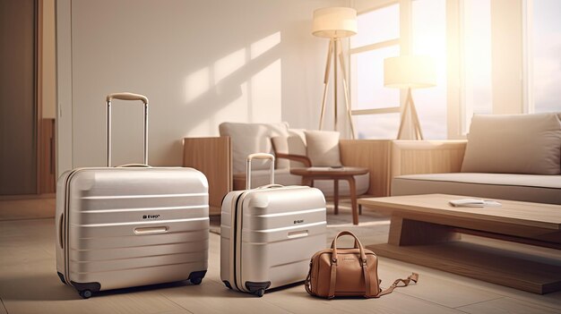 two travel bags in a contemporary minimalist hotel room the elegant uncluttered style