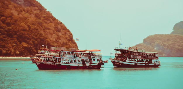 two travel boats stop in the sea with small island  