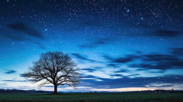 two trees in a field with a blue sky with stars above them.