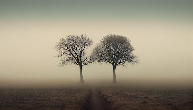 two trees in heavy morning fog landscape background wallpaper generative AI