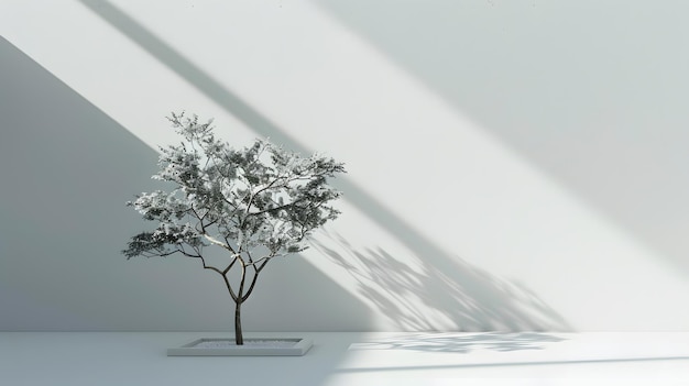 two trees in a white room with shadows on the wall