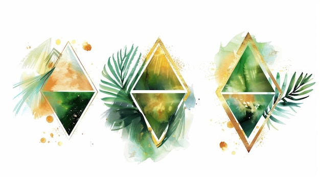 The two triangular shapes tropical palm leaves and golden brushstrokes are isolated on a white background in a watercolor illustration of abstract sacred geometry