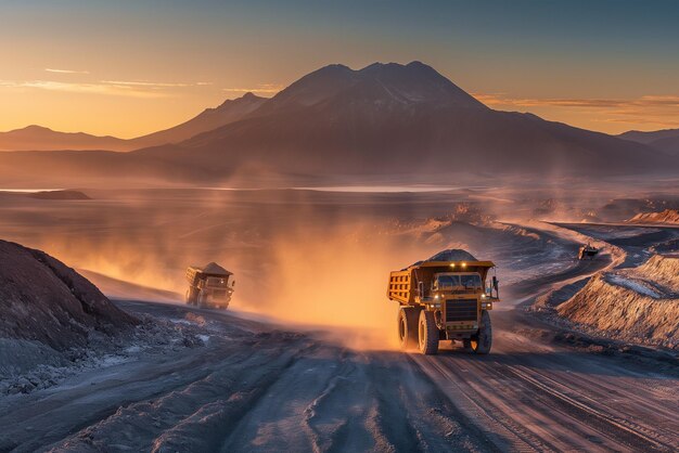 Photo two trucks are driving on a dirt road and one has a sunset in the background