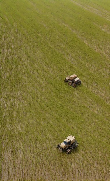 two trucks are driving through a field of green rice