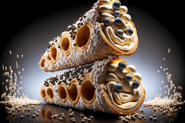 Two tubes of cannoli with round holes on dark background