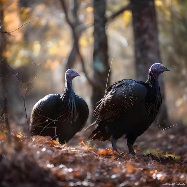 Two turkeys in the woods in the background smeared trees leaves autumn Turkey as the main dish of thanksgiving for the harvest