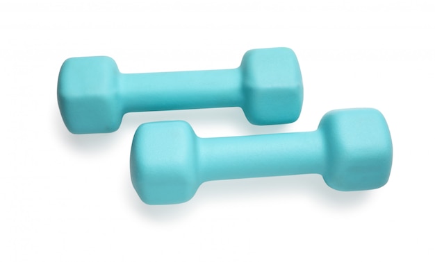 Two turquoise colored rubber dumbbells lying at white table