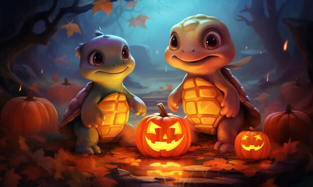 Photo two turtles are sitting on a pumpkin with a pumpkin on the top