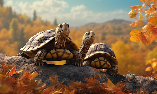 Photo two turtles are sitting on a rock in front of a forest