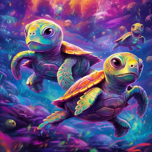 two turtles are swimming in the ocean with colorful lights generative ai