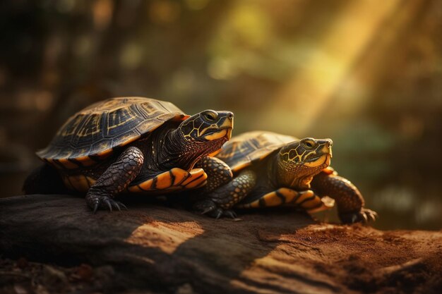 Two turtles on a log in the forest