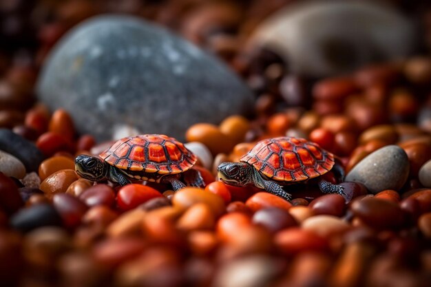 Two turtles on a rocky surface with rocks in the background