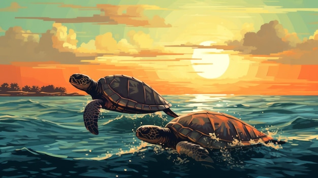 Two turtles swimming in the ocea