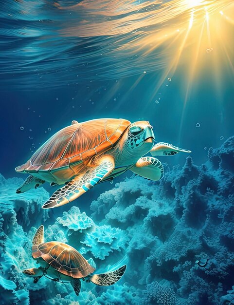 A two turtles swimming in the ocean with sun shining