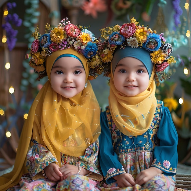 写真 ヒジャブを着た2人の双子の女の子はeid ul adha 2024の準備をしています