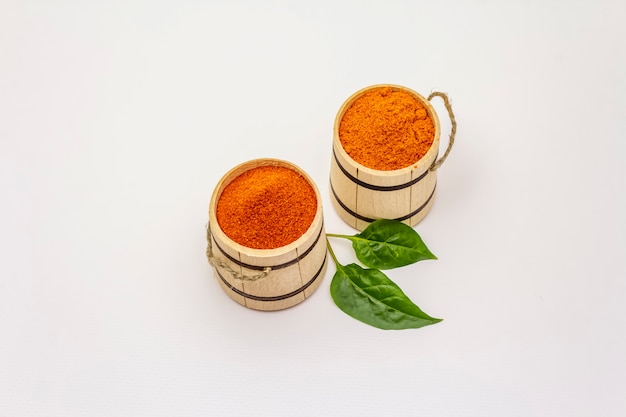 Two types of Hungarian paprika powder, hot and sweet, isolated