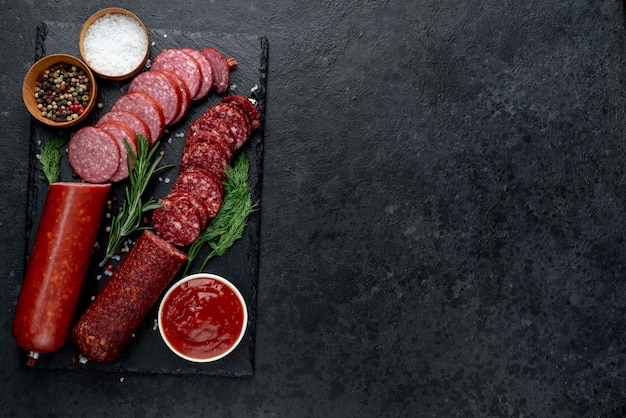 Two types of salami sausages with spices on a stone background