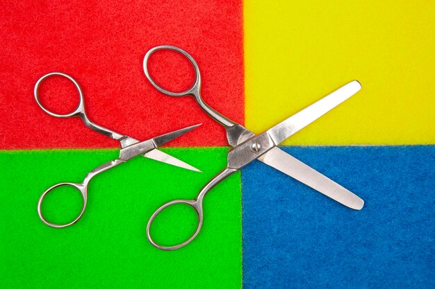 two types of scissors for cutting on a colored background