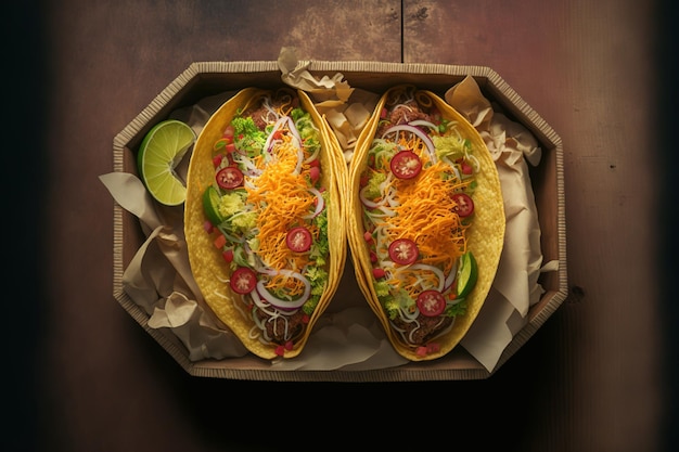 Photo two typical tacos in a basket seen from above