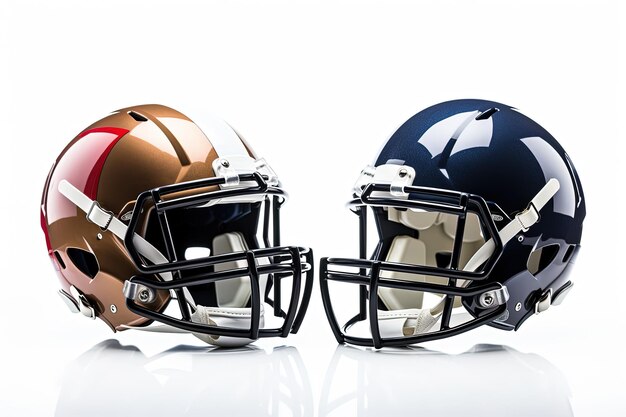 Two U S football helmets on white background