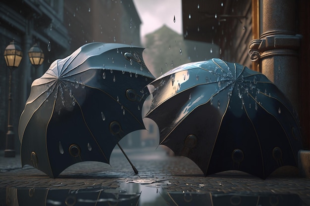 Two umbrellas are standing in the rain and one is holding the other.