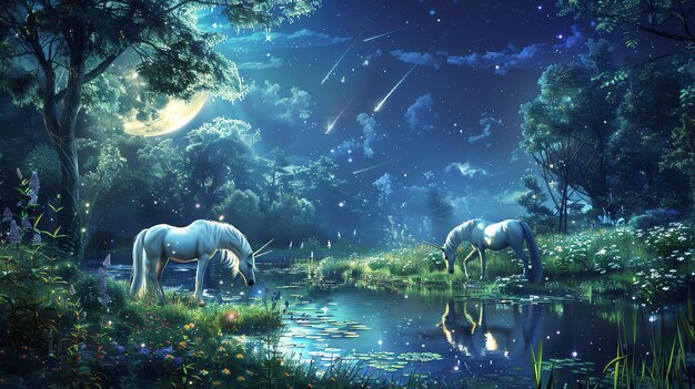 Photo two unicorns are drinking water from a lake in the middle of a dense forest