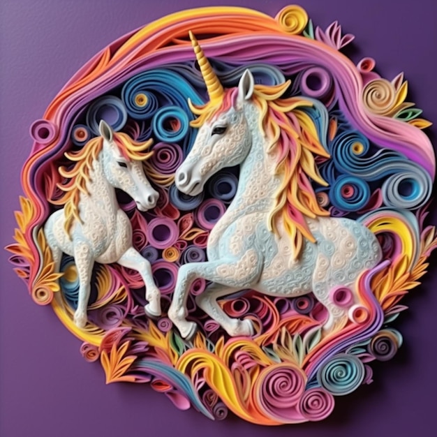 two unicorns are standing in a circle of colorful paper generative ai