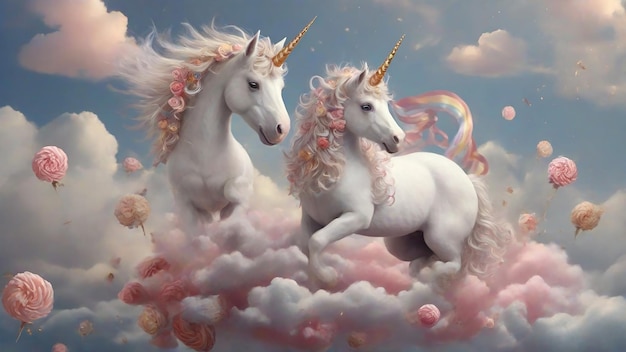 Two unicorns in the sky with clouds