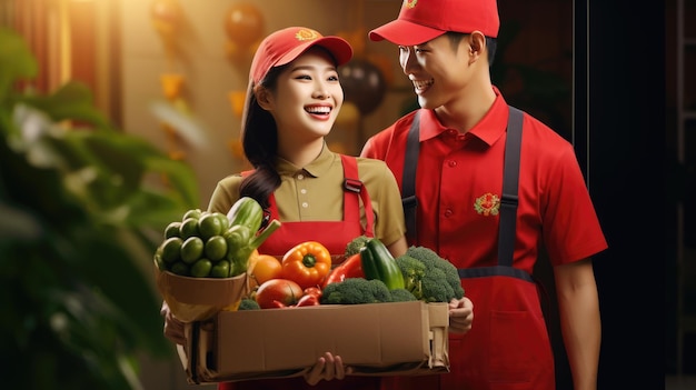 Two uniformed employees deliver fresh fruits and vegetables Created with Generative AI technology